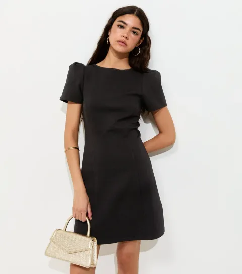 New Look Women's Black Cotton Rich Ponte Short Sleeve Structured Shoulder Mini Dress