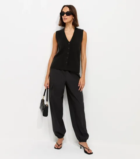 Women's Black Knit Button Through V-Neck Waistcoat