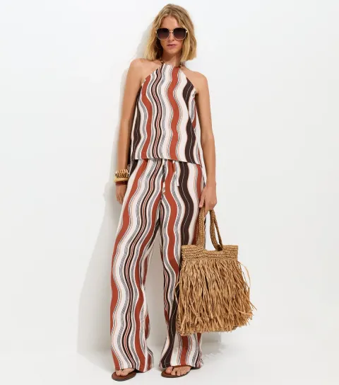Women's Brown Wave Print Wide Leg Trousers