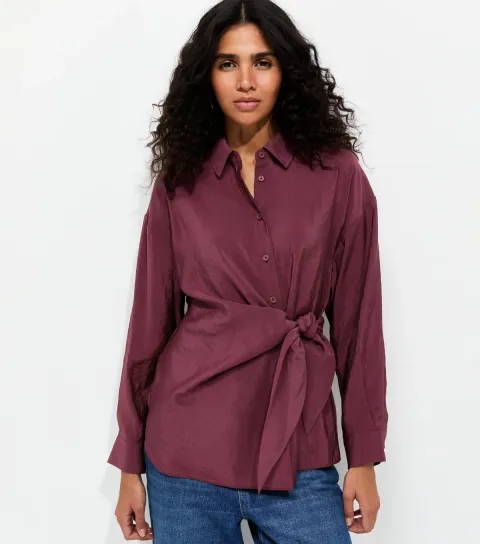 Women's Dark Burgundy Draped Side Tie Shirt