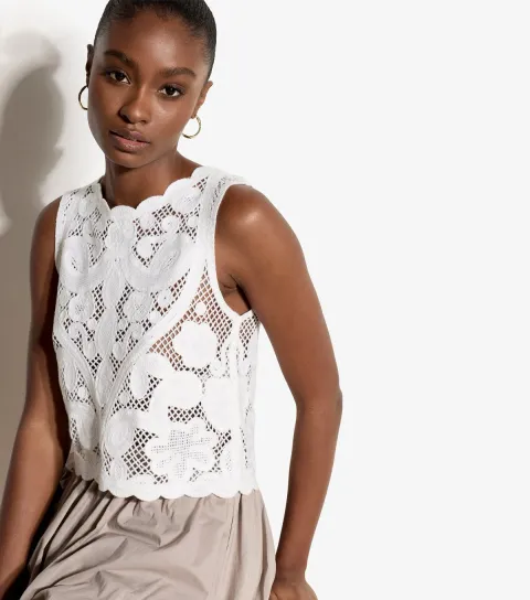 Women's White Crochet Knit Sleeveless Top