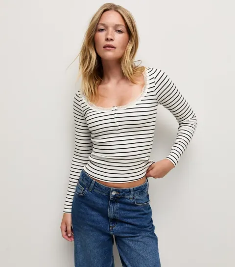 New Look Women's White Striped Cotton Rich Lace Trim Henley Long Sleeve Top