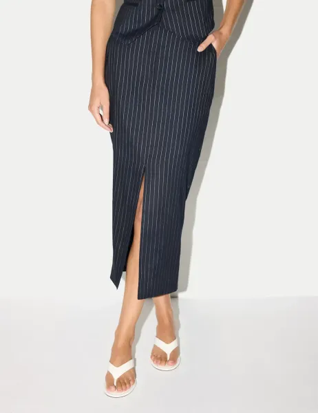 Jigsaw Linen Blend Striped Tailored Pencil Skirt Navy Mix