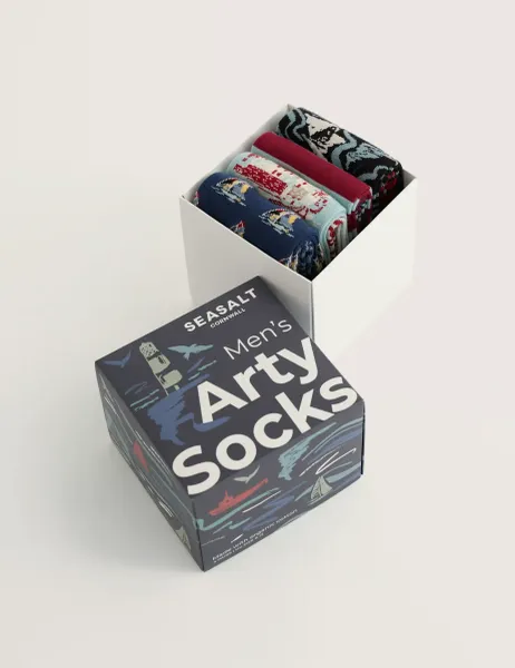 Seasalt Cornwall 4 Pack Boats Cotton Rich Socks Gift Box Blue Mix