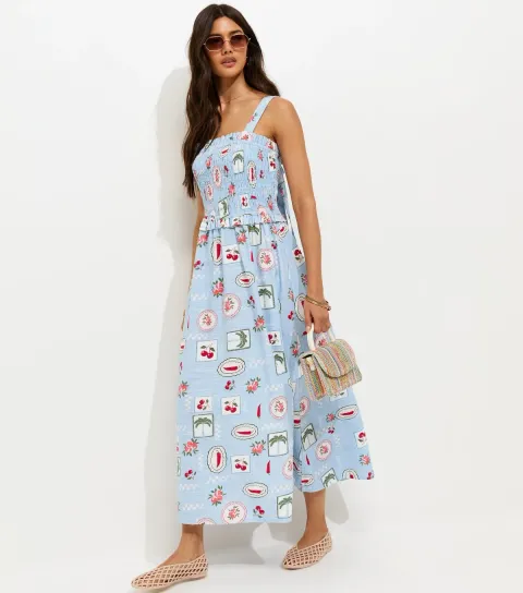 Women's Blue Patchwork Print Shirred Bodice Midi Dress