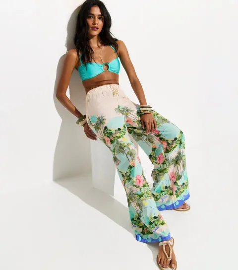 Women's White Tropical Print Wide Leg Trousers