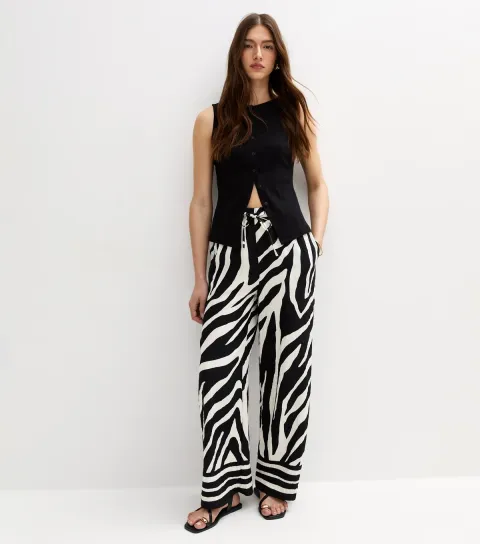 New Look Women's Black Zebra Print Wide Leg Trousers