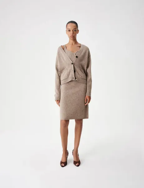 Marks & Spencer Lambswool Blend Neppy Knitted Knee Length Skirt Neutral