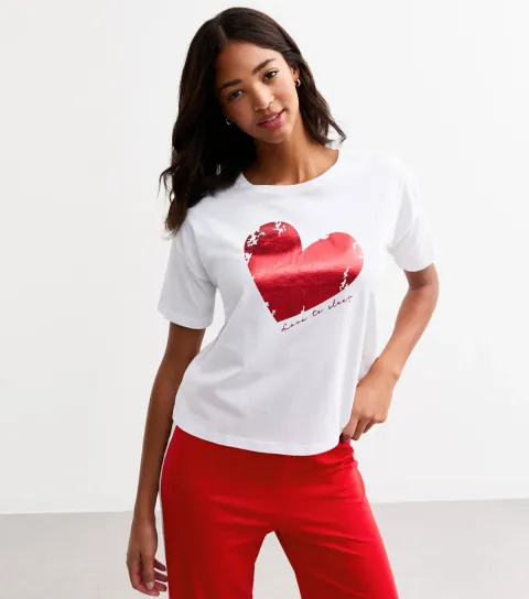 New Look Women's Red Foil Heart Striped Long Pyjama Set