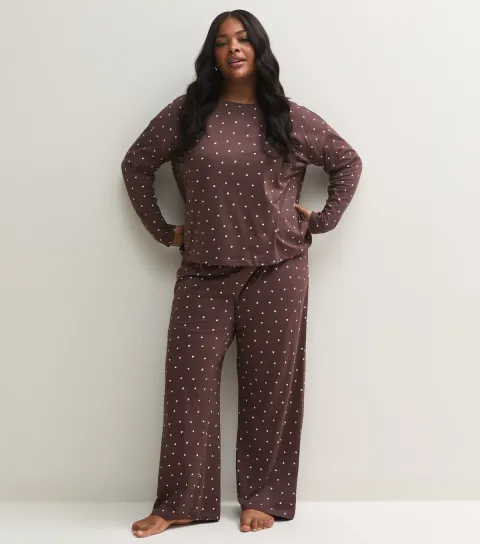 New Look Women's Plus Size Brown Cotton Heart Top and Trousers Pyjama Set Curves