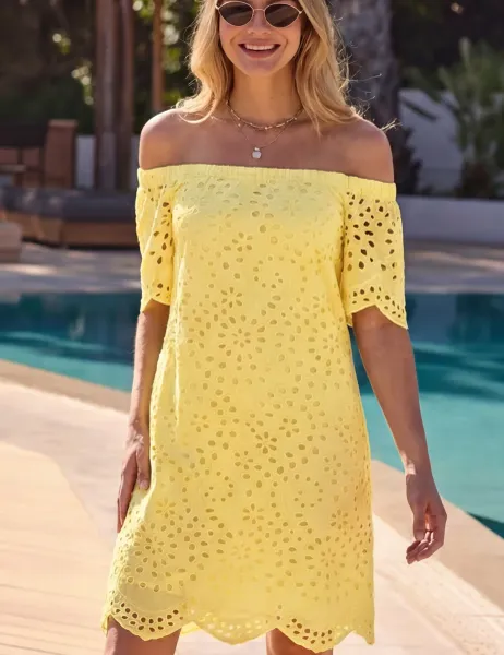 SOSANDAR Pure Cotton Broderie Bardot Mini Shift Dress Yellow