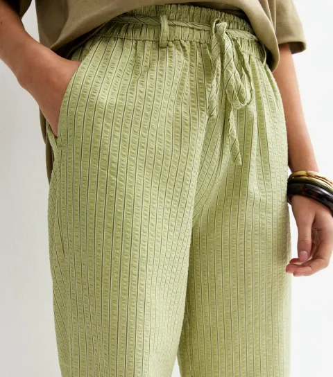 Women's Green Striped Seersucker Wide Leg Trousers