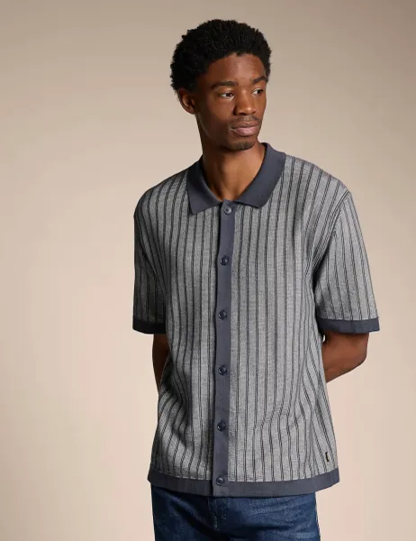 Boss Pure Cotton Striped Knitted Polo Shirt Navy
