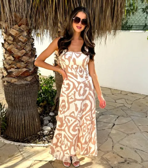 Women's Stone Abstract Print Shirred Straps Button Detail Midi Dress