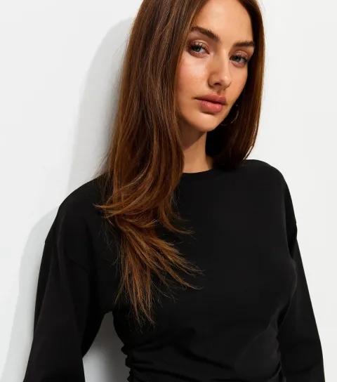 Women's Black Cotton Rich Wide Long Sleeve Corset Waist T-Shirt