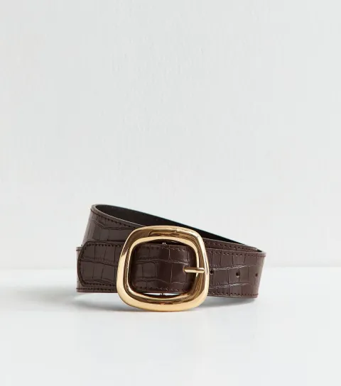 Dark Brown Croc Embossed Faux Leather Irregular Square Belt