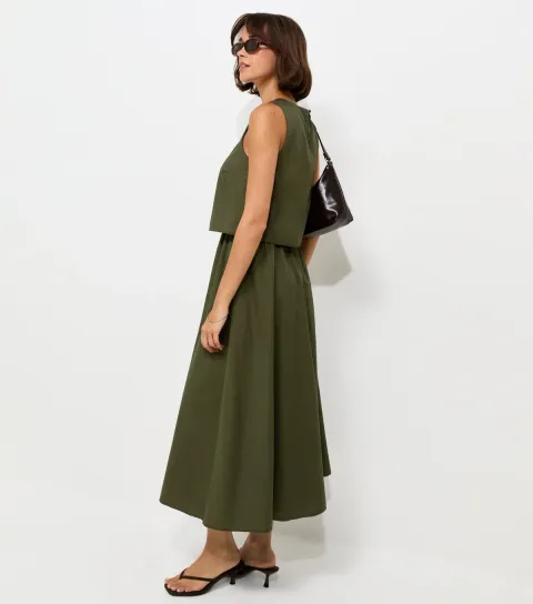 Women's Dark Khaki Cotton Layered 2-in-1 Sleeveless Midi Dress