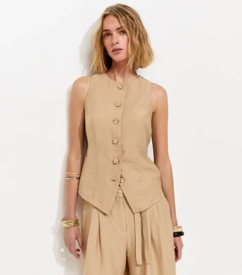 Women's Camel Gold Tone Textured Buttons Waistcoat