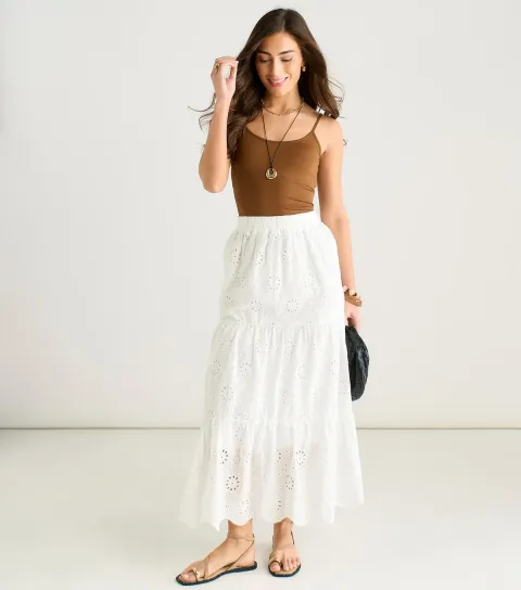 Women's White Broderie Anglaise Tiered Maxi Skirt
