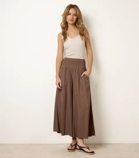 Women's Light Brown Striped Shirred Waist Wide Leg Trousers