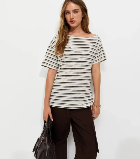Women's Cream Cotton Stripes Off The Shoulder Top