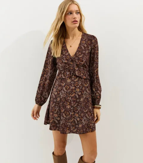 Women's Brown Paisley Ruffled Long Sleeve Midi Dress