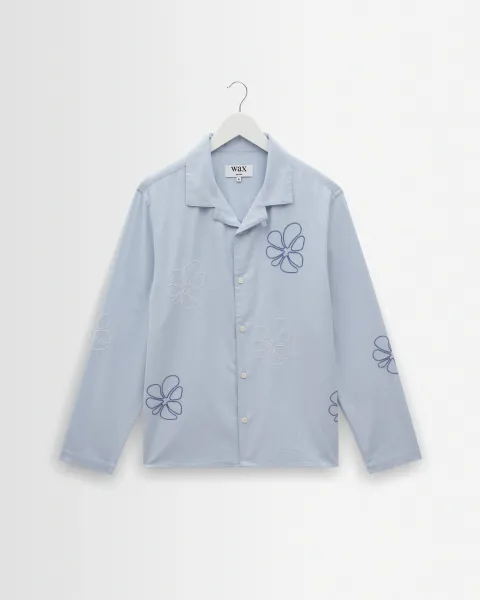 Corey - Blue Cross Stitch Doodle Cotton-Linen Shirt
