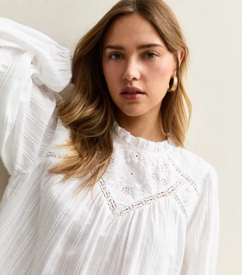 Women's White Embroidered Long Sleeve Blouse