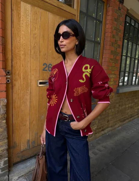 Never Fully Dressed Embroidered V Neck Button Front Relaxed Cardigan Burgundy Mix
