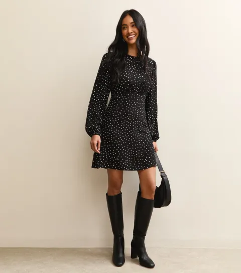 Women's Black Polka Dot Long Sleeve Flutter Mini Dress