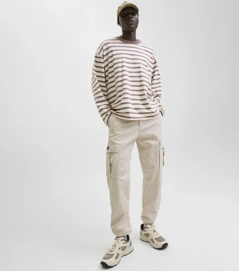 Men's Cream Cuffed Cargo Trousers