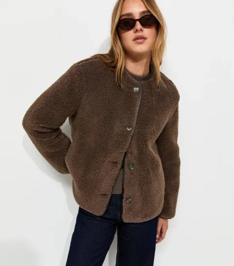 New Look Women's Dark Brown Buttoned Borg Teddy Jacket