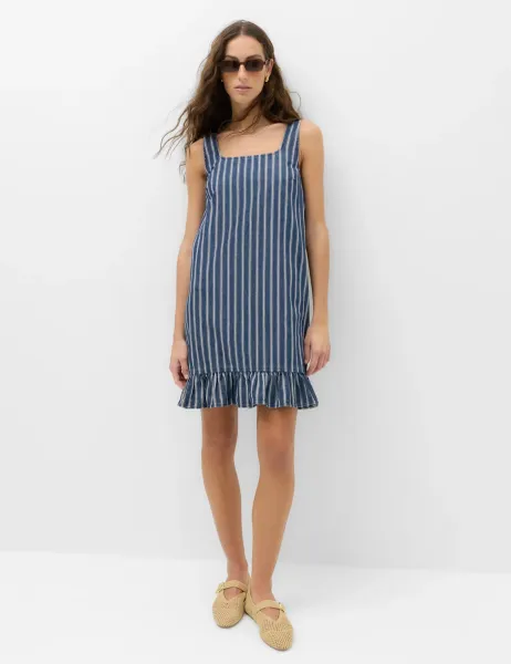 Marks & Spencer Denim Striped Frill Hem Mini Shift Dress Denim