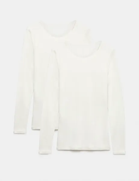 Marks & Spencer 2 Pack Medium Warmth Pointelle Thermal Long Sleeve Tops White