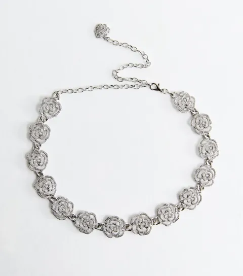 Silver Ton Diamante Floral Chain Belt
