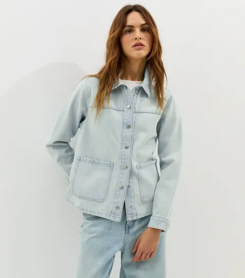 Women's Light Blue Faded Denim Shacket
