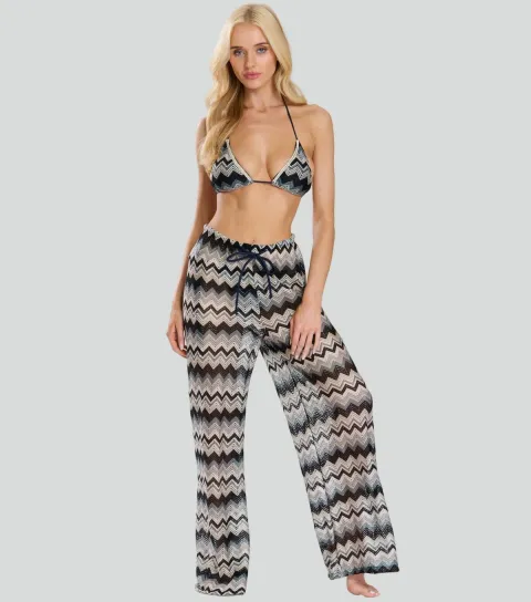 South Beach Women's Blue Zig Zag Crochet Wide Leg Trousers