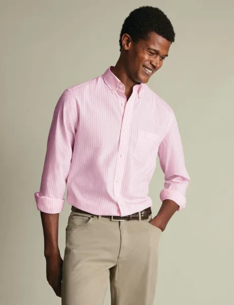 Charles Tyrwhitt Striped Stretch Washed Poplin Oxford Shirt Light Pink