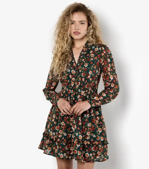 Apricot Women's Floral Printed Ruffle Tier Mini Dress
