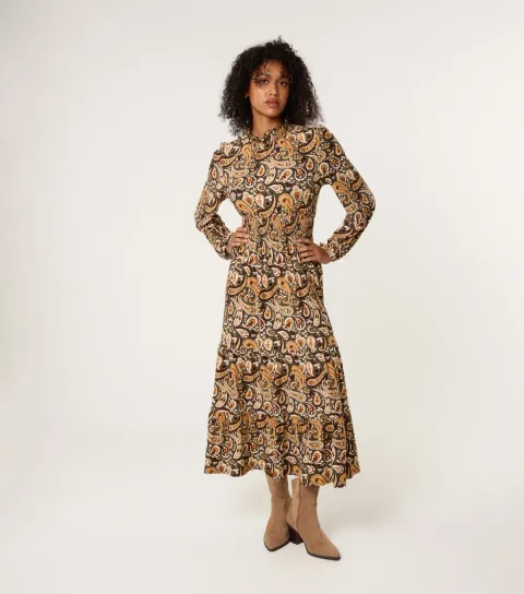 Women's Khaki Paisley Print High Neck Midi Dress