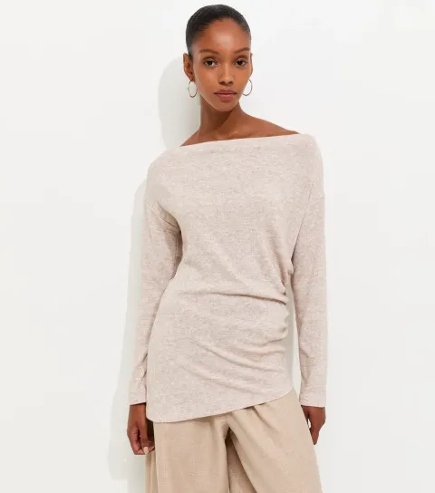 New Look Women's Oatmeal Soft Touch Slash Neck Asymmetric Draped Top