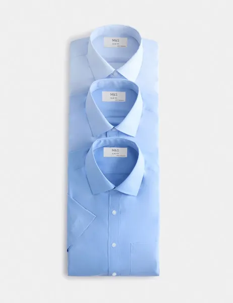 Marks & Spencer 3 Pack Slim Fit Easy Iron Short Sleeve Shirts Blue