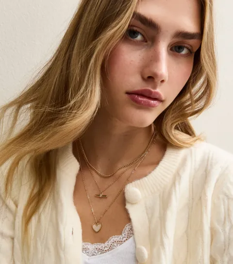 Gold Tone Triple Layer Heart Pendant and T-Bar Necklace