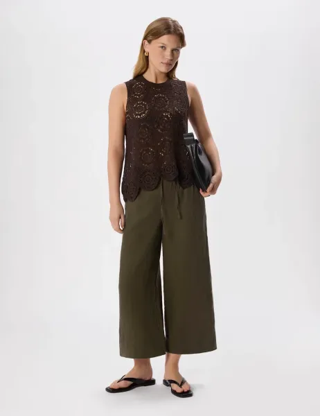 Whistles Pure Linen Wide Leg Cropped Trousers Khaki