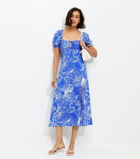 Women's Blue Sketchy Coral Print Slit Hem Midi Dress