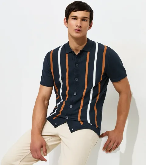 Men's Blue Cotton Rich Short Sleeve Stripe Button Through Polo Top