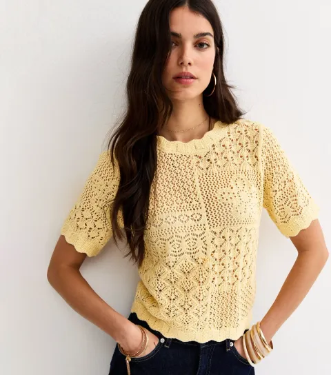 Women's Light Yellow Cotton Rich Pointelle Patchwork Short Sleeve Top