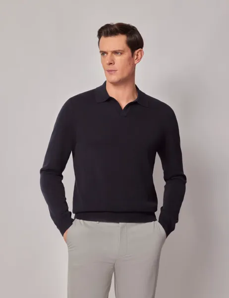 Hawes & Curtis Pure Cotton Open Collar Knitted Polo Shirt Black