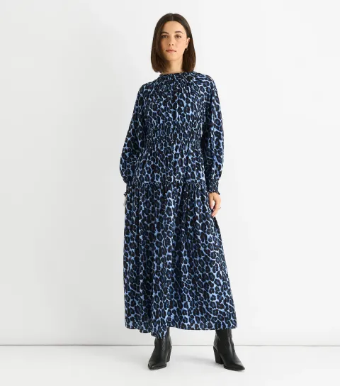 Women's Blue Animal Print Shirred Midi Dress