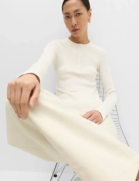 Ribbed Henley Neck Fitted Knitted Top With Wool Natural